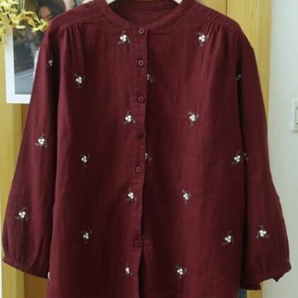 Women’s Casual Floral Embroidered Shirt – Maroon