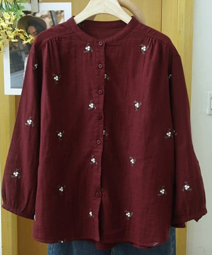 Women's Casual Floral Embroidered Shirt – Maroon
