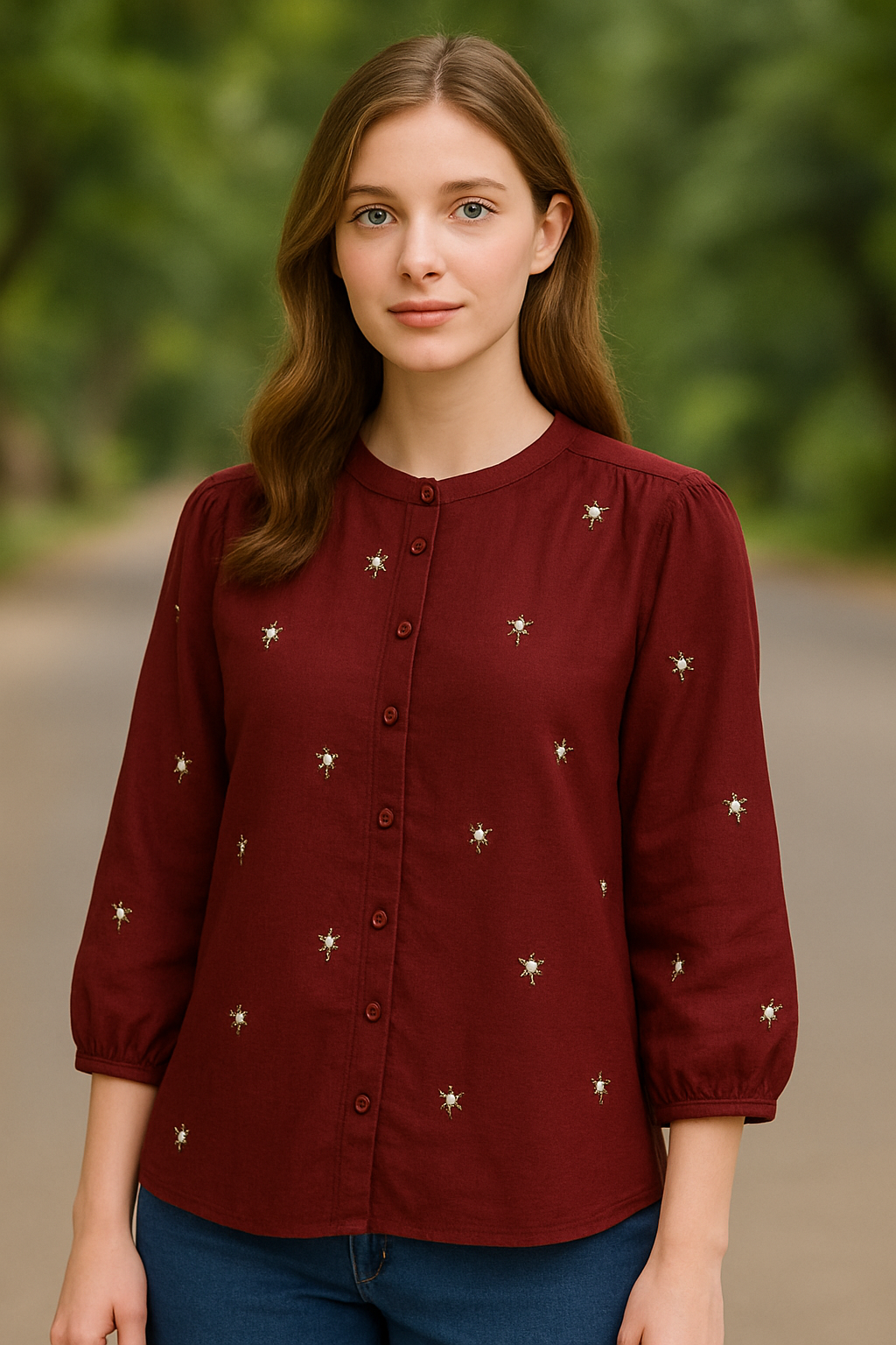Women's Casual Floral Embroidered Shirt – Maroon - Image 2